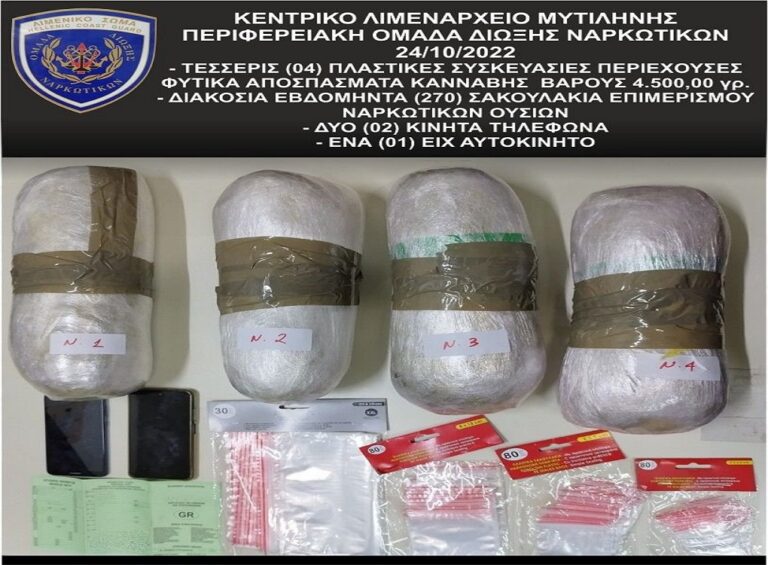 image Λέσβος: Πακέτο με 4,5 κιλά κάνναβη εντόπισε  ο ”ΚΥΜ” – Συνελήφθησαν 2 άνδρες
