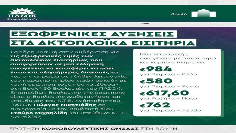 image 30 Βουλευτές του ΠΑΣΟΚ, “Εξωφρενικές τιμές των ακτοπλοϊκών εισιτηρίων”.